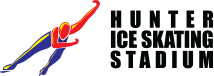 An illustration of a speed skater with black text "Hunter Ice Skating Stadium". This is the logo for the ice rink.