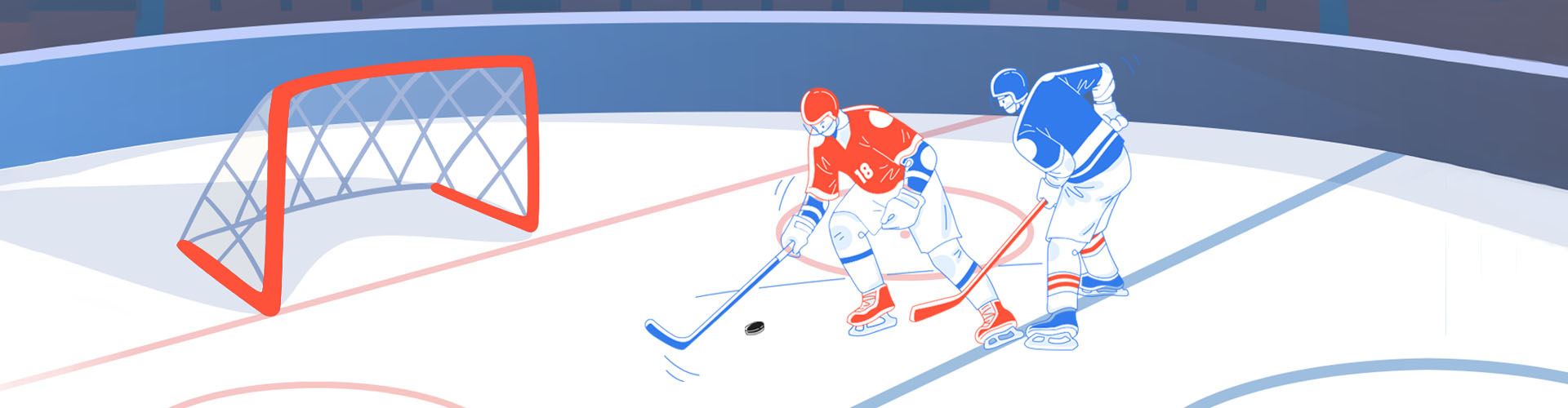 Two illustrated ice hockey players, one in red, one in blue, battle for the puck on the blue line.